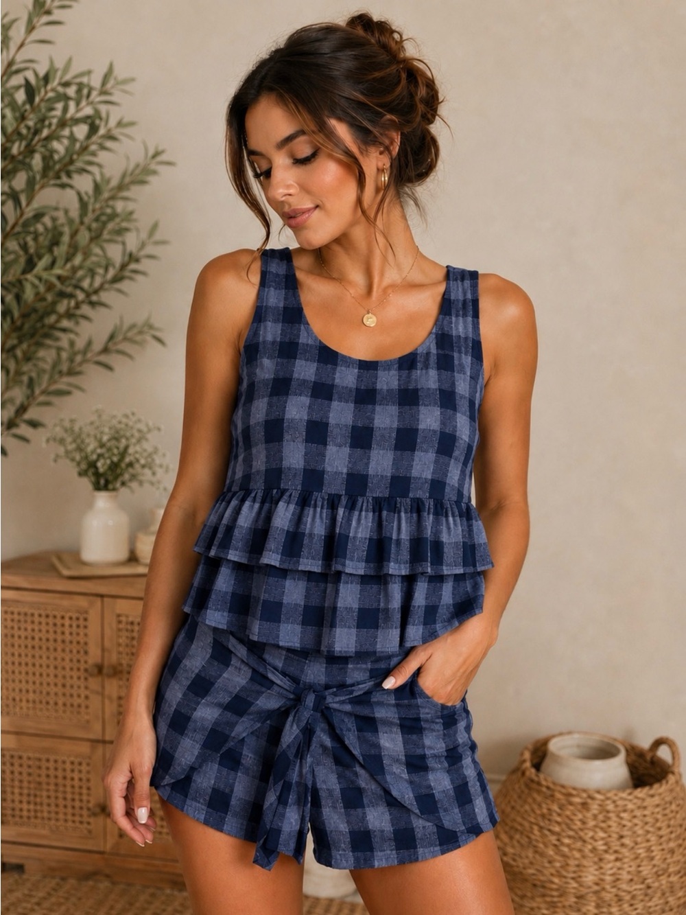 Navy Gingham Ruffle Tank & Tie-Waist Shorts Set